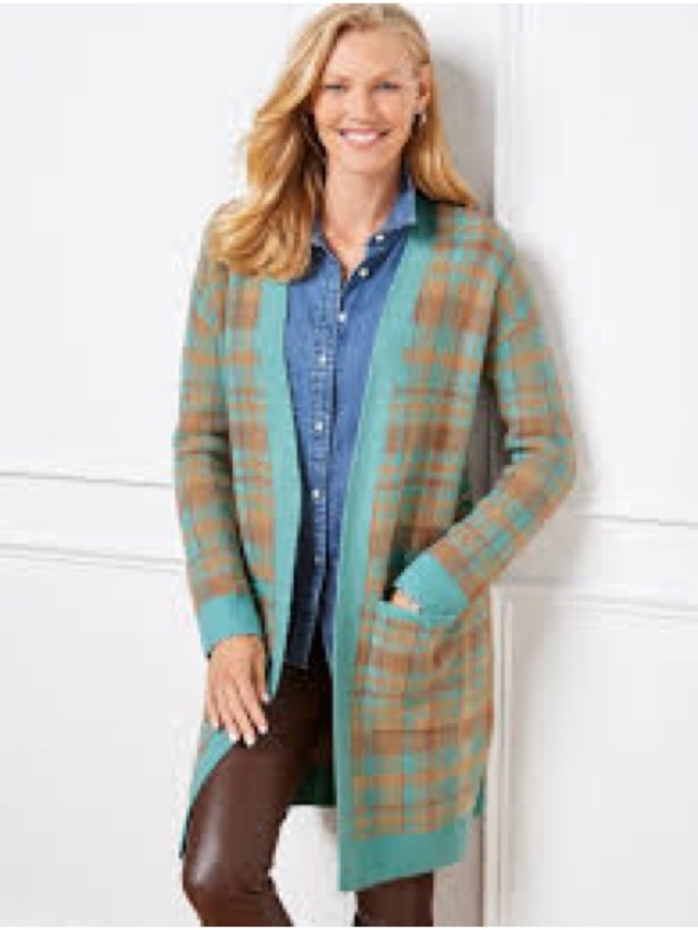 Talbots Plaid Open Front Long Cardigan Sweater; Camel and Aqua, Size Small